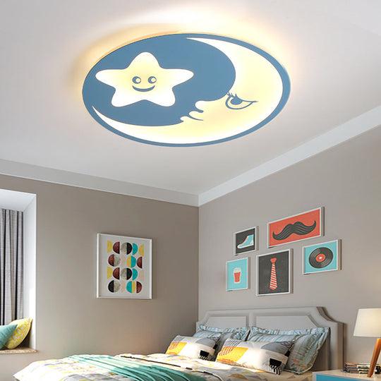 Child’s Bedroom Blue Led Acrylic Ceiling Light With Smiling Moon & Stars / Warm