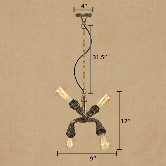 Industrial Exposed Bulb Chandelier Pendant Light - 4-Head Wrought Iron Hanging Fixture With Water