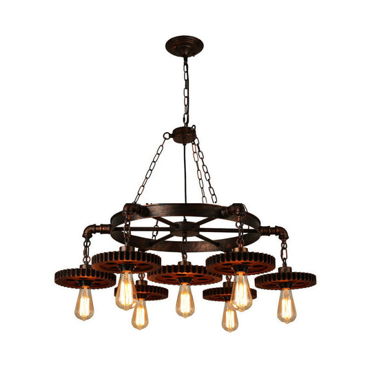 Antique Bronze Wood Carved Gear Chandelier: Loft-Style Pendant Lamp With 1/3/7-Bulb Bistro Down