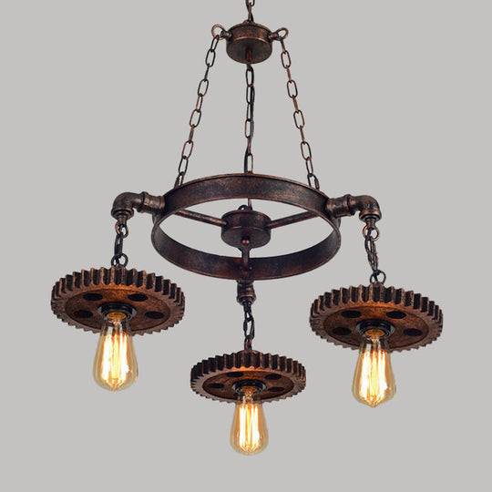 Antique Bronze Wood Carved Gear Chandelier: Loft-Style Pendant Lamp With 1/3/7-Bulb Bistro Down