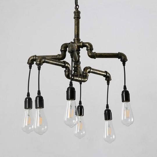 Industrial Iron 2-Layer Water Pipe Chandelier With Bronze Finish - 4/6 Heads Dining Room Ceiling