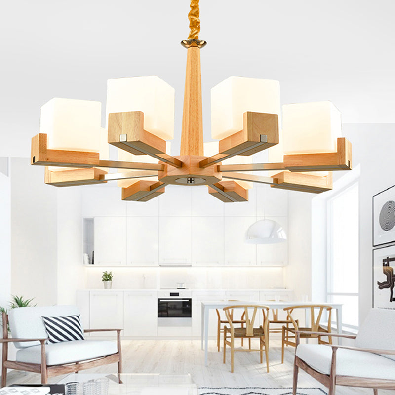 Modern Wood Cube Chandelier With Multiple Bulbs For Bedroom