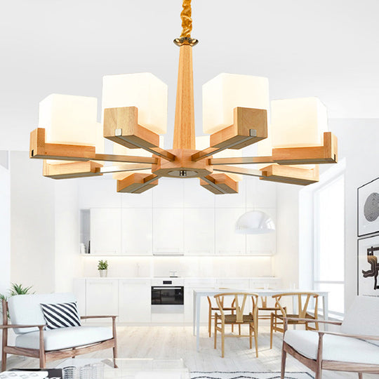 Modern Wood Cube Chandelier With Multiple Bulbs For Bedroom