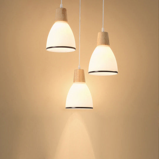 Nordic Ivory Glass 3-Head Cluster Pendant Bell/Bowl/Barrel Hang Lamp For Dining Room Wood / Barrel