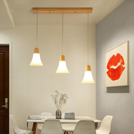 Nordic Ivory Glass 3-Head Cluster Pendant Bell/Bowl/Barrel Hang Lamp For Dining Room Wood / Bell