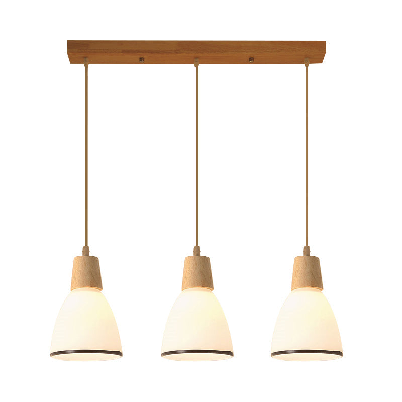 Nordic Ivory Glass 3-Head Cluster Pendant Bell/Bowl/Barrel Hang Lamp For Dining Room Wood / Barrel