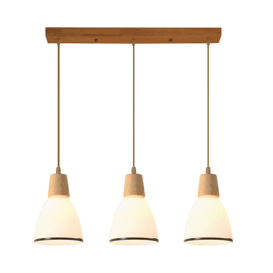 Nordic Ivory Glass 3-Head Cluster Pendant Bell/Bowl/Barrel Hang Lamp For Dining Room Wood / Barrel