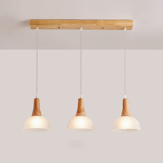 Nordic Ivory Glass 3-Head Cluster Pendant Bell/Bowl/Barrel Hang Lamp For Dining Room Wood / Bowl