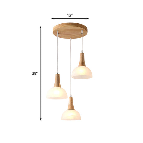 Nordic Ivory Glass 3-Head Cluster Pendant Bell/Bowl/Barrel Hang Lamp For Dining Room