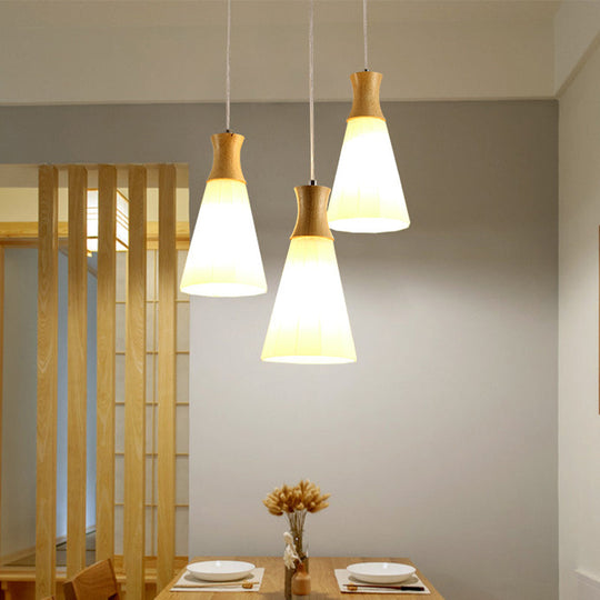 Milky Glass Cone Pendant Light With Wood Suspension And Linear/Round Canopy