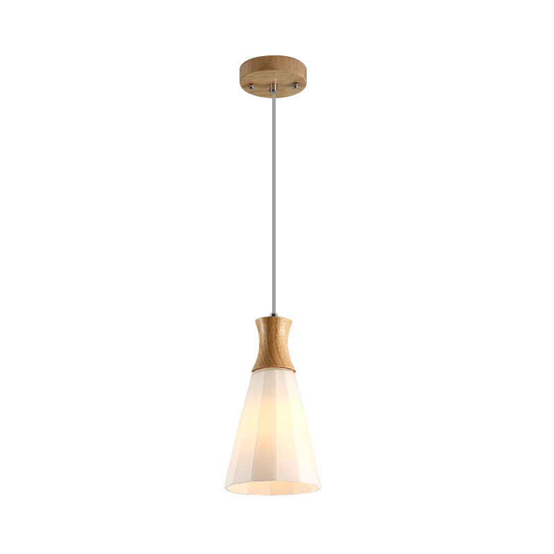 Nordic Milky Glass Cone Pendant Light - Wood Suspension Lamp With Round/Linear Canopy