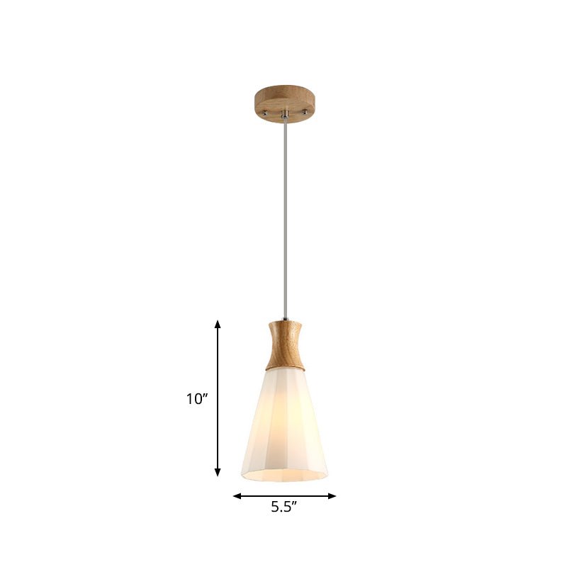 Milky Glass Cone Pendant Light With Wood Suspension And Linear/Round Canopy