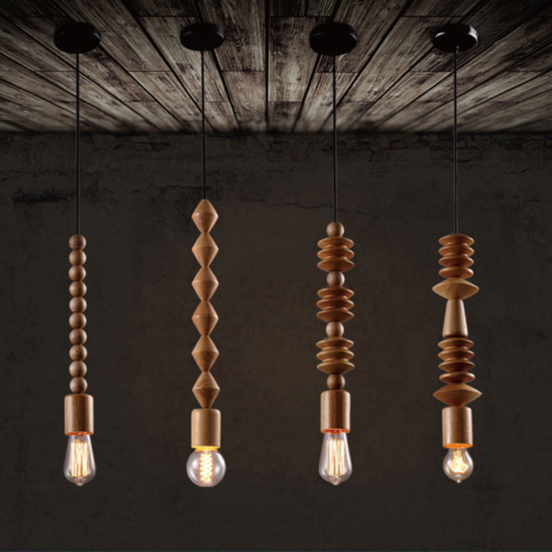 Simplicity Wood Baluster Pendant Ceiling Light With Exposed Bulb - Brown 1 Head Hanging Lamp Kit / B