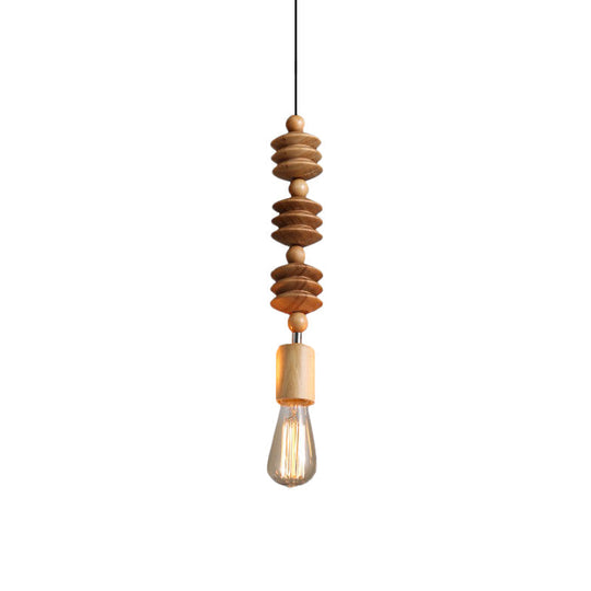 Simplicity Wood Baluster Pendant Ceiling Light With Exposed Bulb - Brown 1 Head Hanging Lamp Kit / C