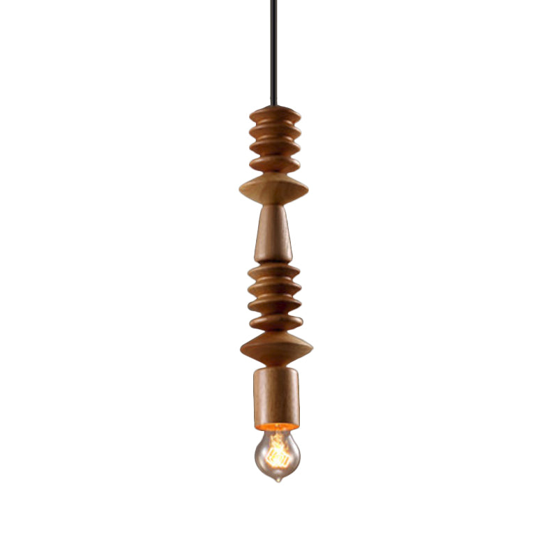 Simplicity Wood Baluster Pendant Ceiling Light With Exposed Bulb - Brown 1 Head Hanging Lamp Kit / D