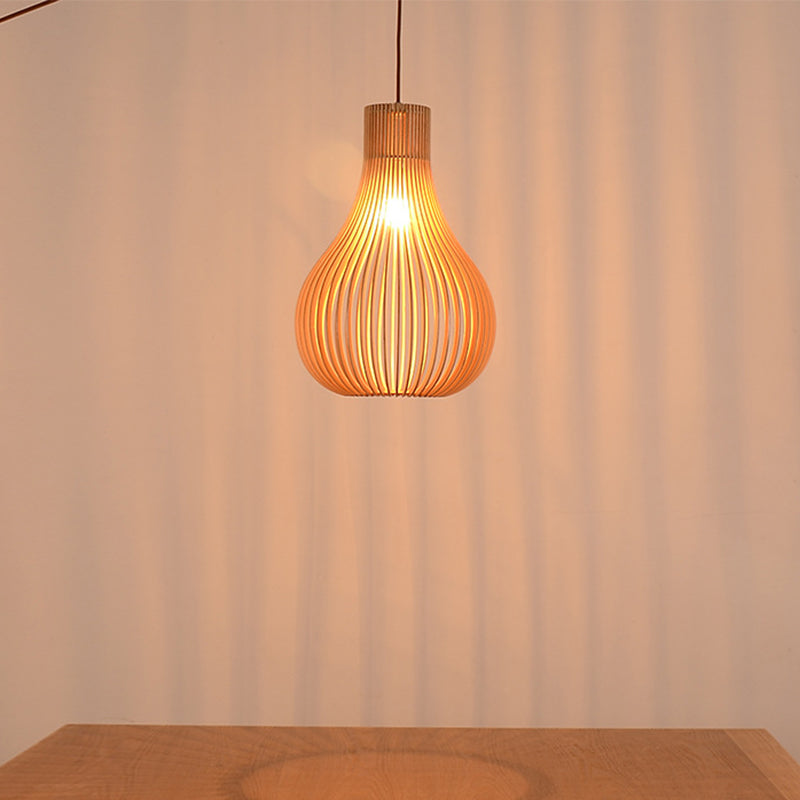 Beige Cutout Gourd Pendant Ceiling Lamp With Wood Shade - Minimalist 1-Bulb 12/15 W / 12