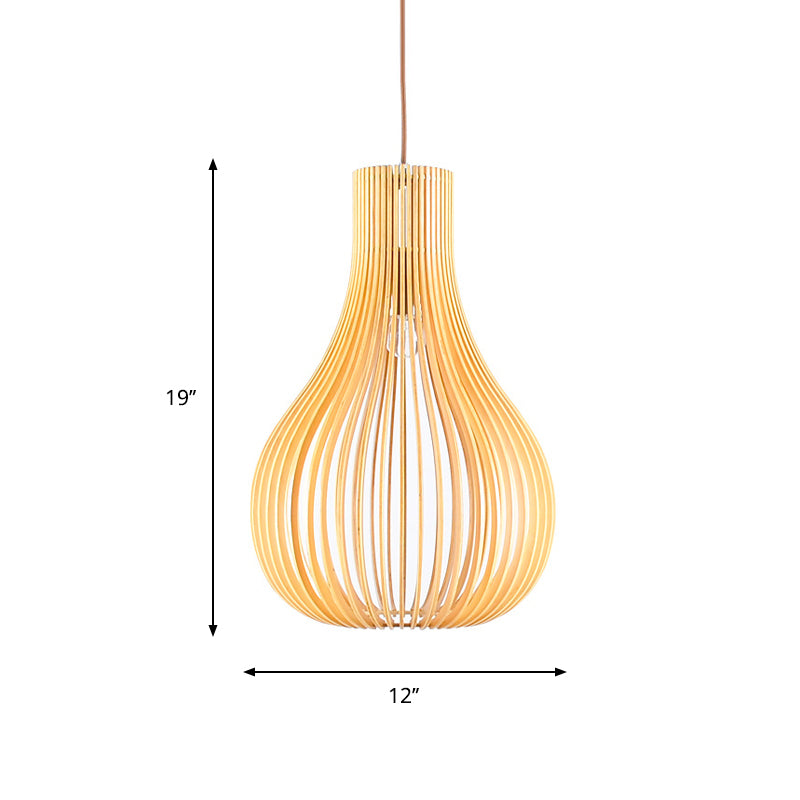 Beige Cutout Gourd Pendant Ceiling Lamp With Wood Shade - Minimalist 1-Bulb 12/15 W