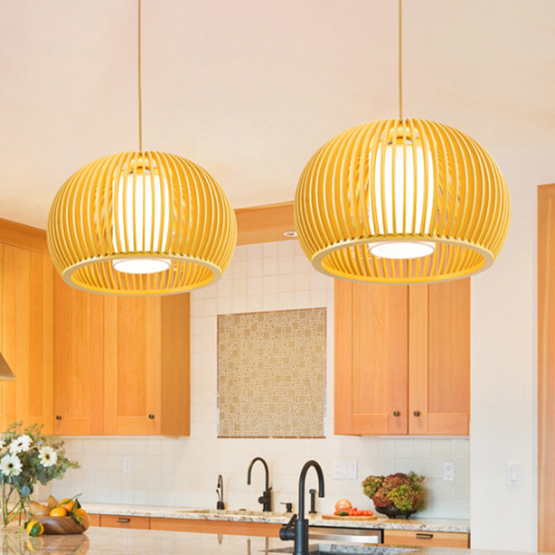 Modern Half-Globe Wooden Pendant Light - 13/18 W Inner Shade Dining Table Suspension