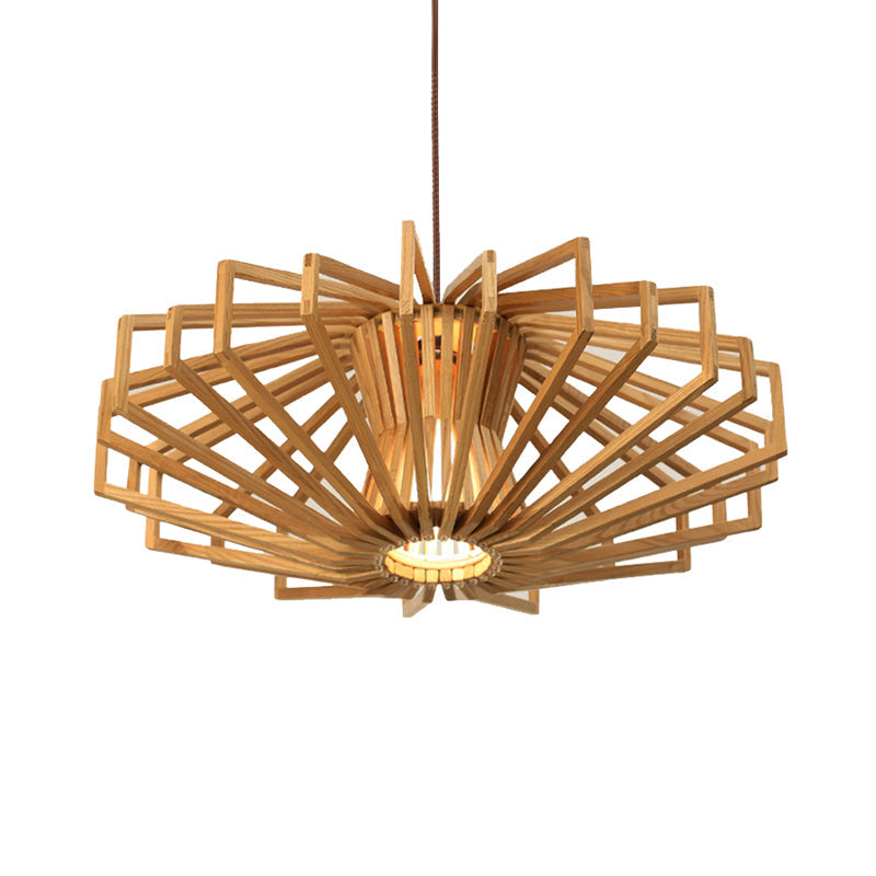 Modern Beige Single Wood Ceiling Pendant Light For Bedroom - Ufo Hollowed Out Design