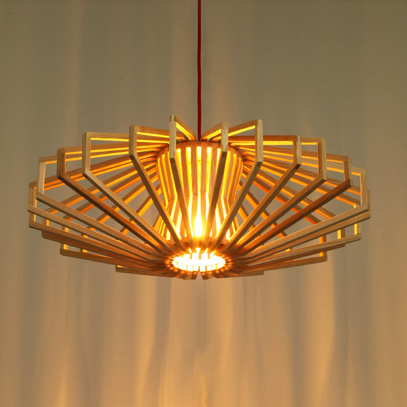 Modern Ufo Wood Ceiling Pendant With Single Beige Suspension Light For Bedroom
