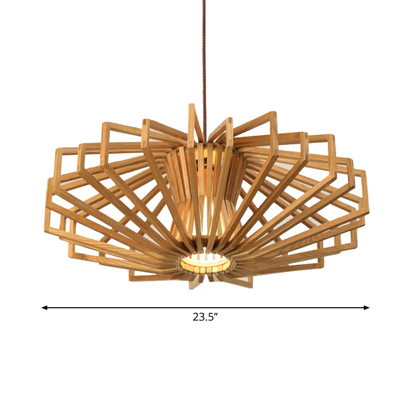 Modern Ufo Wood Ceiling Pendant With Single Beige Suspension Light For Bedroom