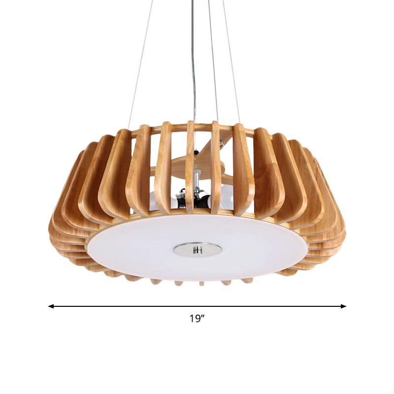 Modern Dining Room Pendant Light - Single-Bulb Hanging Lamp With Wooden Drum Cage