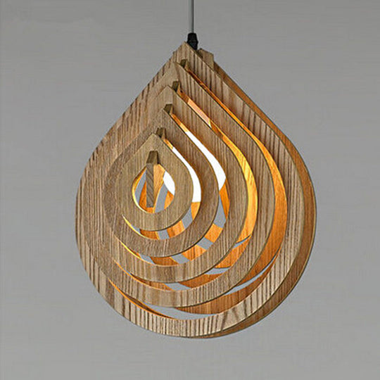 Modern Wood Bedside Pendant Light: Hollowed-Out Droplet In Beige