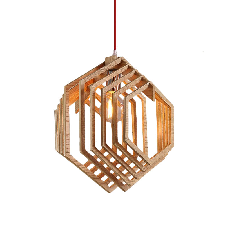 Modern Hexagon Wood Hanging Lamp - Brown Pendant Light For Dining Room Ceiling