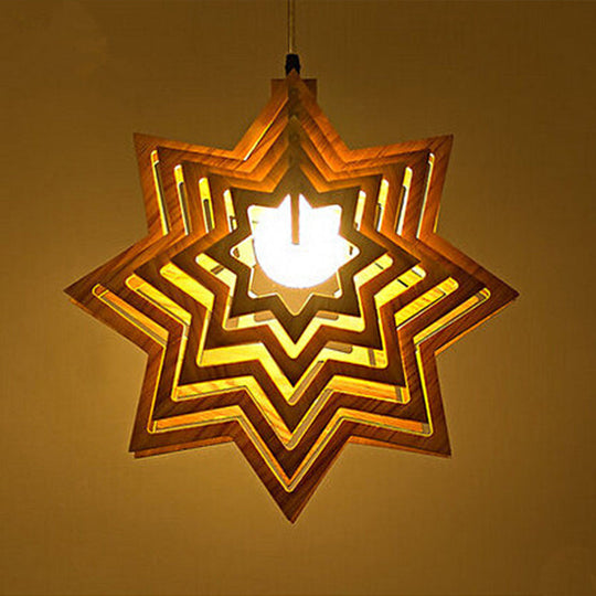 Modern Anise Star Wood Hanging Lamp Kit With Hollowed-Out Design - 1 Head Beige