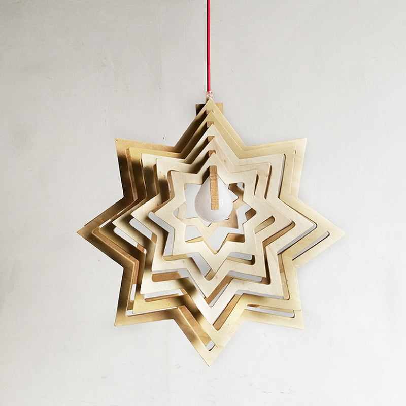 Modern Anise Star Wood Hanging Lamp Kit With Hollowed-Out Design - 1 Head Beige