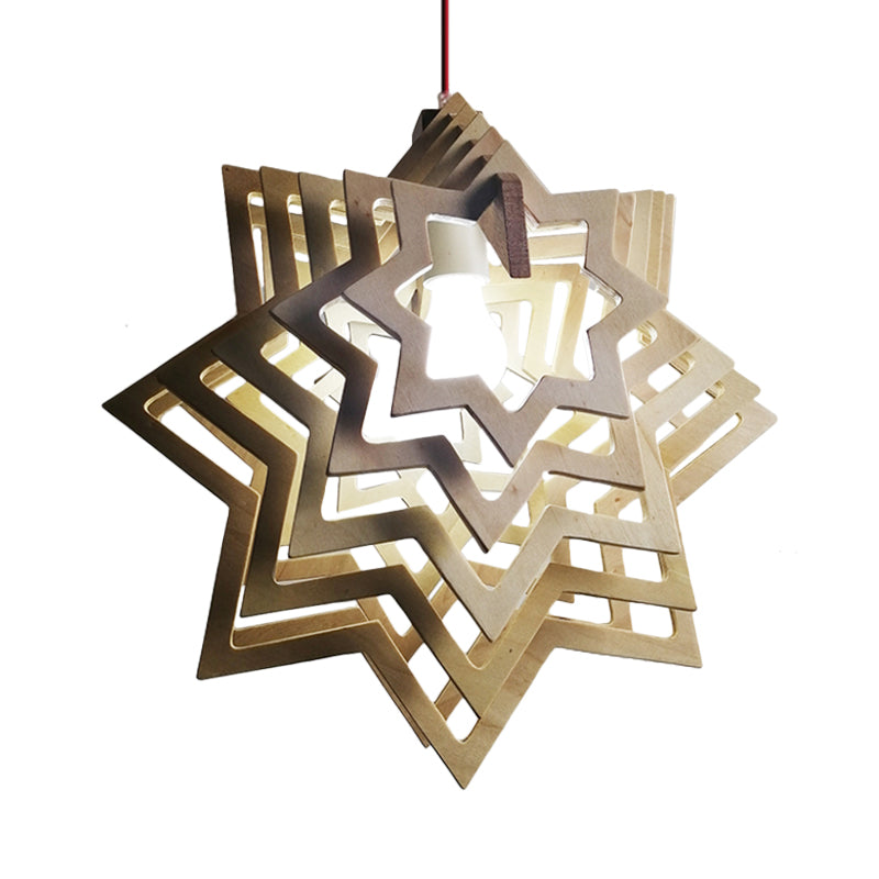 Modern Wooden Anise Star Pendant Lamp - Beige Hollowed-Out Design Living Room 1 Head