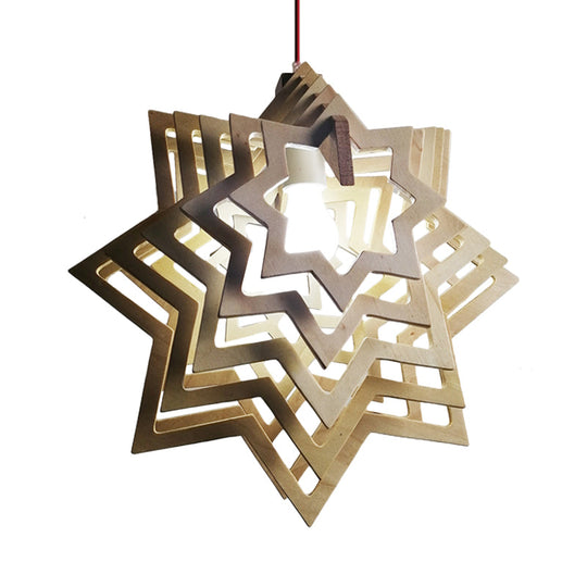 Modern Wooden Anise Star Pendant Lamp - Beige Hollowed-Out Design Living Room 1 Head