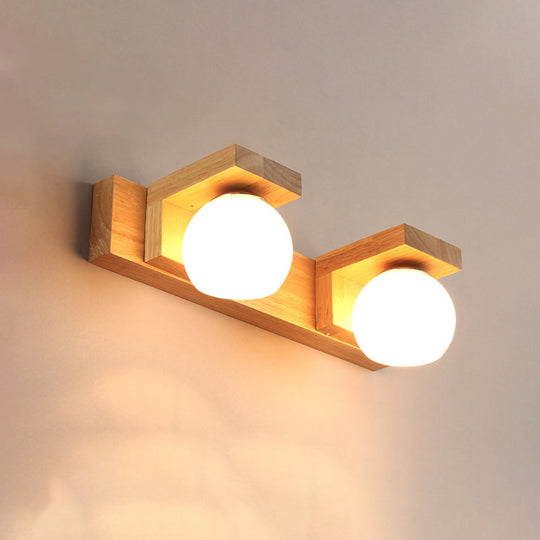 Nordic Wall Mount Sconce: Wood Vanity Lamp With Opal Glass Shade - 2/3 Heads