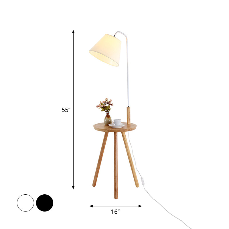Modern Fabric Cone/Drum/Tapered Floor Lamp With Table & Storage Rack - Black/White/Wood Stand Up