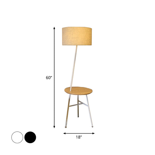 Modern Fabric Cone/Drum/Tapered Floor Lamp With Table & Storage Rack - Black/White/Wood Stand Up