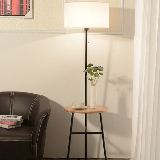 Modern Fabric Cone/Drum/Tapered Floor Lamp With Table & Storage Rack - Black/White/Wood Stand Up