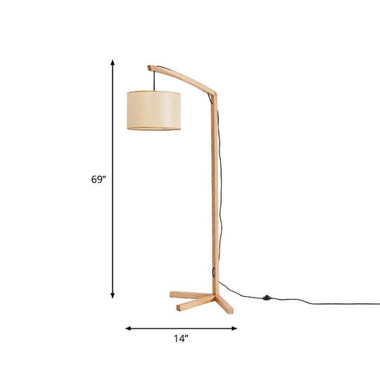 Modern Cylinder Fabric Reading Floor Lamp With Wood Base And Bow Pole