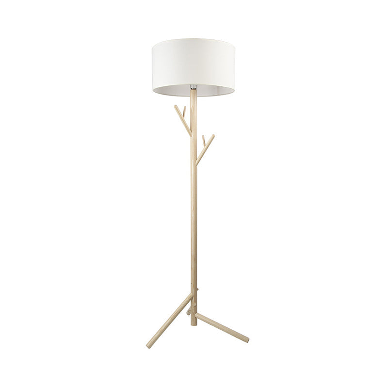 Minimalist Fabric Drum Floor Lamp With Wood Coat Rack - 1 Head Bedroom Lighting