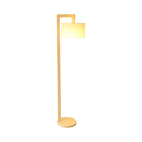 Cylindrical Fabric Floor Lamp - Minimalist Wood Stand With Right Angled Pole