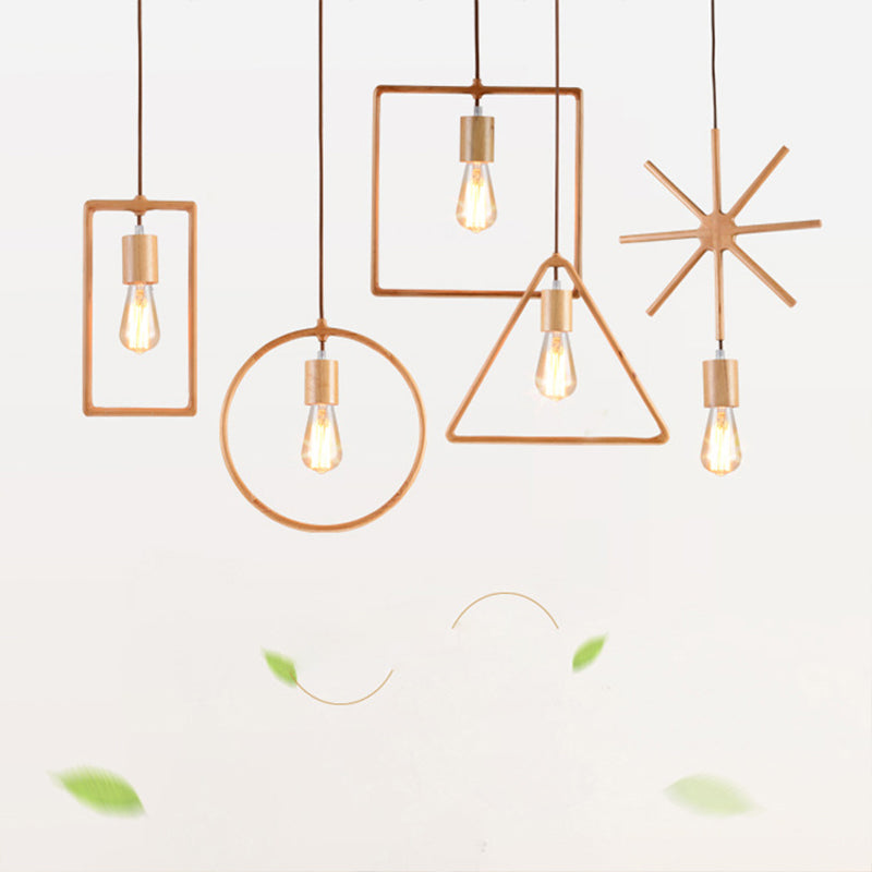 Simplicity Wooden Pendant Light In Beige - Square/Round/Triangle Design 1 Bulb Ideal For Dining