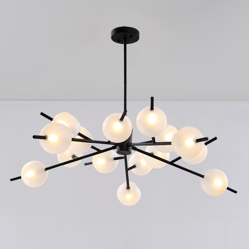 Contemporary Branched Pendant Lamp With 15 Metal Bulbs Black/Gold Finish And Frosted Glass Shades