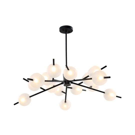 Contemporary Branched Pendant Lamp With 15 Metal Bulbs Black/Gold Finish And Frosted Glass Shades