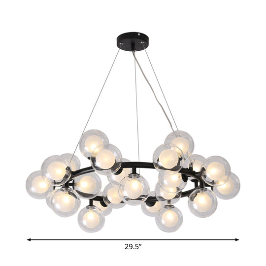 Modern Black Bubbled Wreath Chandelier With Clear And Frosted Glass Shades - 15/25 Bulbs Hanging
