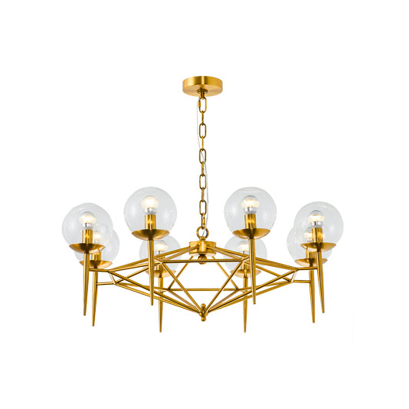 Gold Metal 8-Light Vertical Chandelier With Clear Glass Shade - Modern Living Room Hanging Lamp