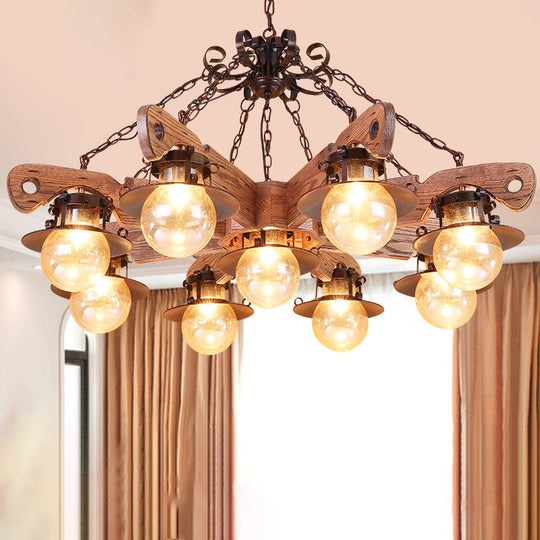 Cognac Seeded Glass Chandelier With Rustic Ball Pendant: 5/9 Lights Industrial Lighting 9 / Wood