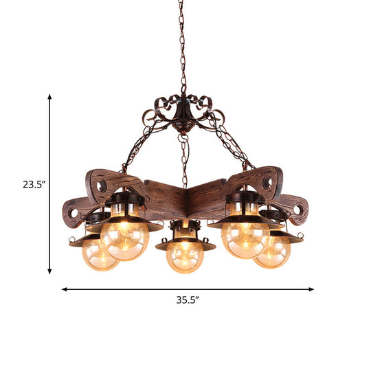Cognac Seeded Glass Chandelier With Rustic Ball Pendant: 5/9 Lights Industrial Lighting