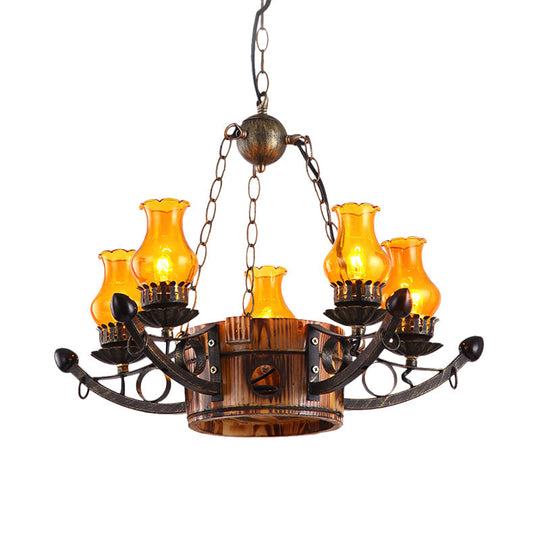 Rustic 3/5-Light Antique Chandelier With Adjustable Height And Amber Glass Oil Lamp