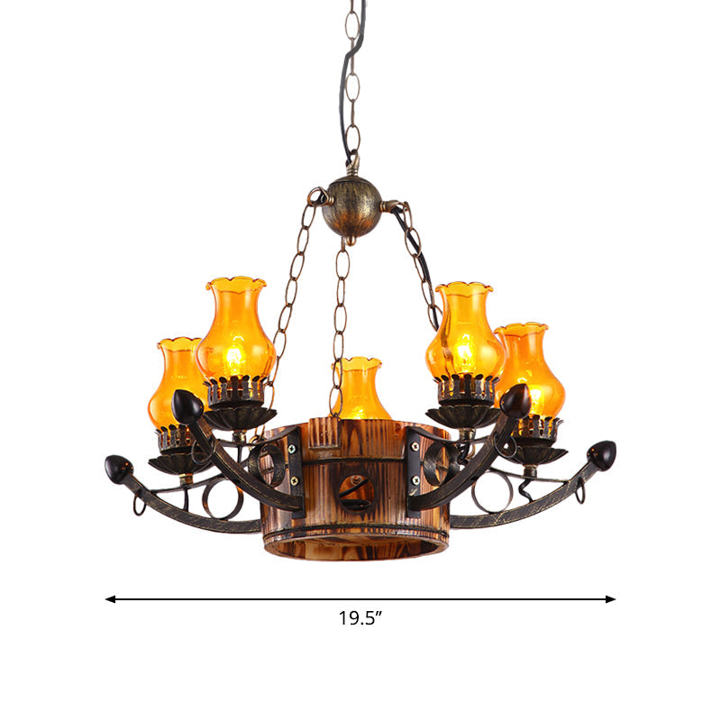 Rustic 3/5-Light Antique Chandelier With Adjustable Height And Amber Glass Oil Lamp