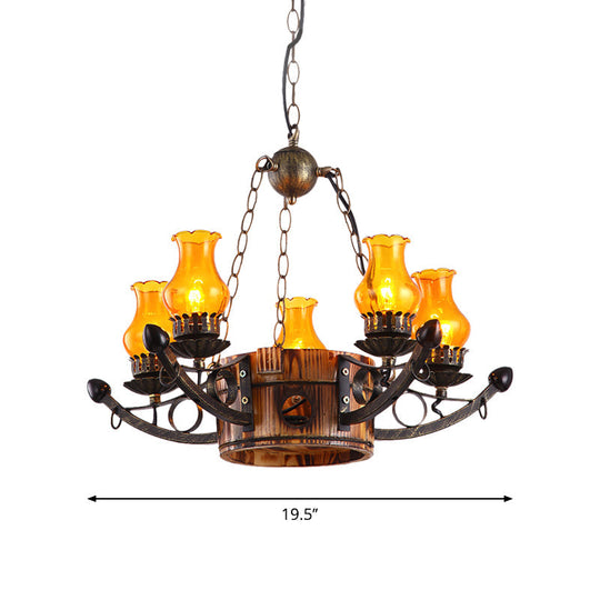 Rustic 3/5-Light Antique Chandelier With Adjustable Height And Amber Glass Oil Lamp