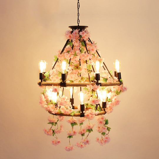 Industrial Metal Pendant Chandelier With Flower Decoration - 6/8/14-Head Pink Ceiling Light